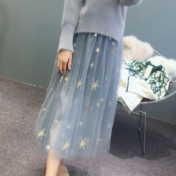 

maxi skirt sale ankle-length natural rayon faldas lolita korean version 2018 spring new sequins sweet medium long gauze skirt, Black