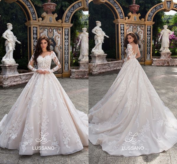 

2018 страна vestidos де noiva кружева свадебные платья с длинными рукавами sheer шеи аппликация развертки поезд иллюзия обратно свадебное пл, White