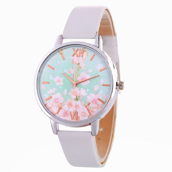 

women quartz watch sakura cherry blossom pattern pu soft leather strap white round dial quartz watches exquisite casual, Slivery;brown