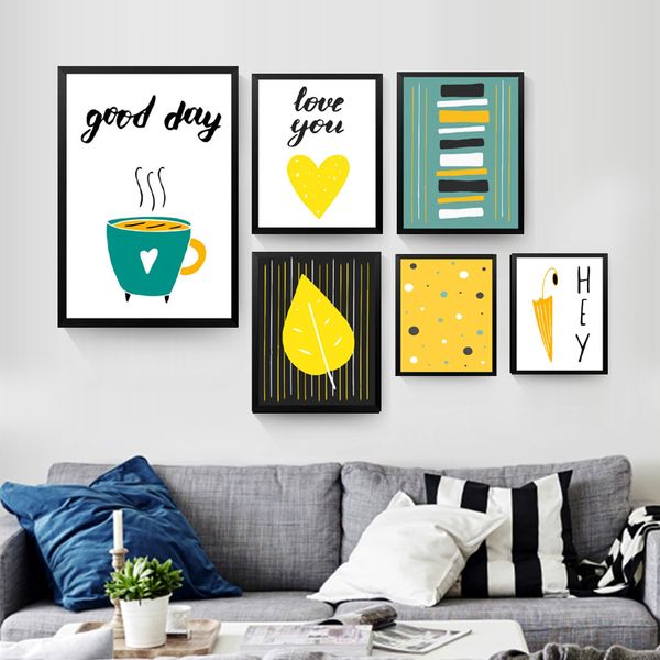 

creative nordic prints coffee umbrellas heart-shaped leaves poster good day hey letters painting art canvas pictures wall decor