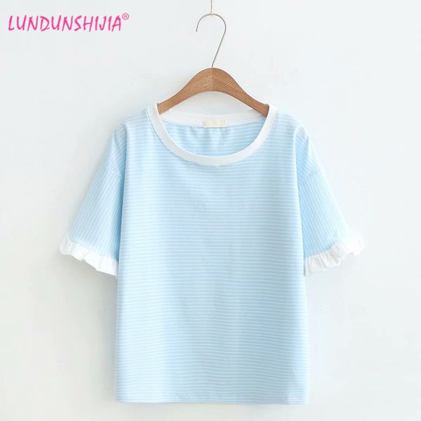 

lundunshijia blue stripe loose t-shirts for women 2018 summer petals sleeve 100%cotton all-match tees female t-shirt, White