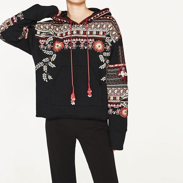 

o-neck hooded long sleeve loose hoodies women fashion black vintage floral geometric embroidery sweatshirt pullovers new hot