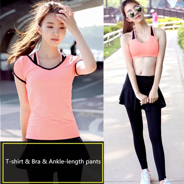 

women 3 pieces yoga set female quick dry sportswear gym running girls clothes pink t-shirt&bra&black ankle-length pants set17007, White;red