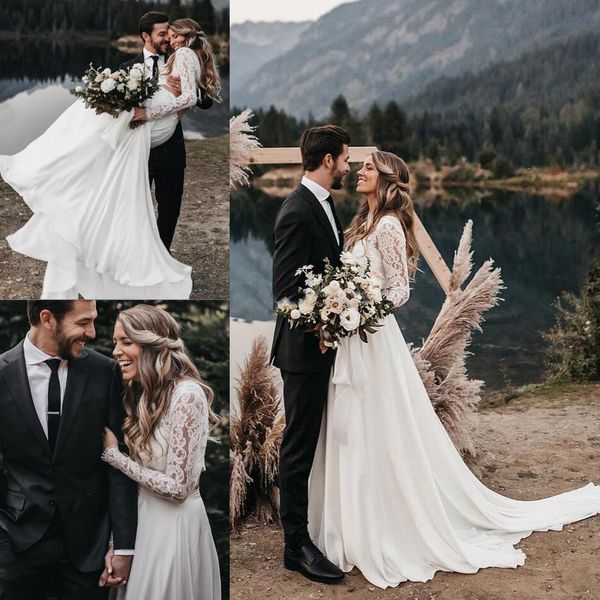 

Illusion 2019 A Line Two Pieces Beach Wedding Dresses With Long Sleeves Appliques Lace Boho Bridal Dresses Plus Size Weding Dresses