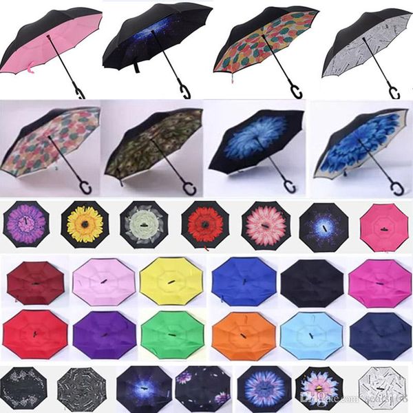 

new windproof reverse folding umbrella double layer inverted self stand inside out rain protection umbrella c-hook hand dhl ship hh7-946