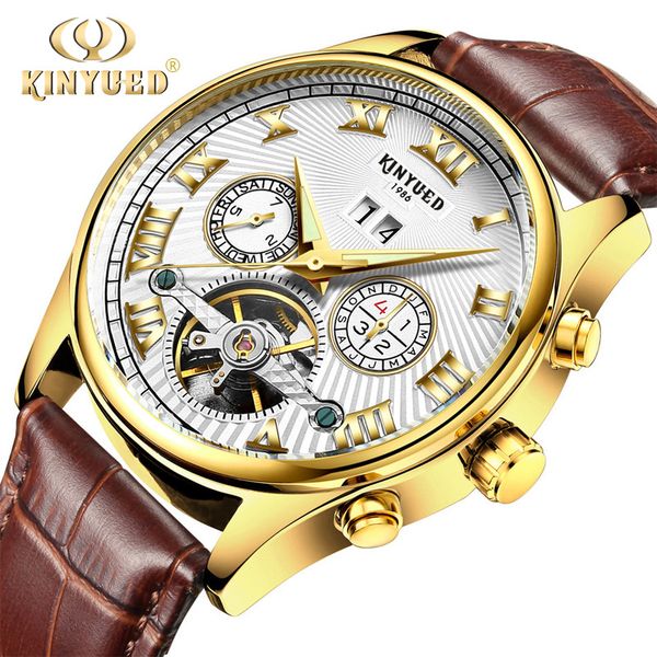 

kinyued skeleton watch men mechanical mens watches automatic stainless steel waterproof luminous pointer montre homme relogio, Slivery;brown