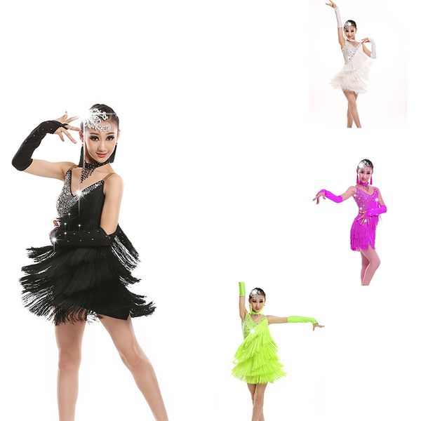 Novas Crianças Tassel Latin Ballroom Dança Dress Kids Girls Dancewear Dancewear Saias Latin Stage Dance Traje Roupas 4 Cor 4