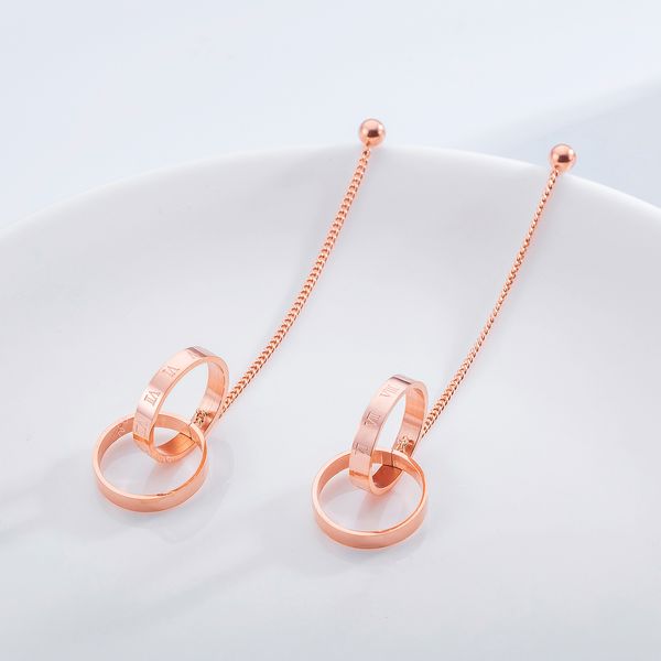 

women's long earrings fashion personality creative long double circle tassel earrings titanium steel rose gold color, Silver