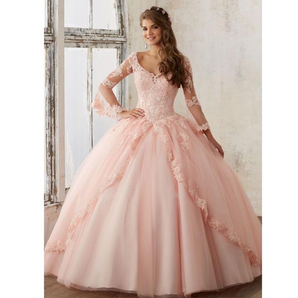 

2020 sky blue quinceanera dresses long sleeves ball gown princess sweet 16 birthday sweet girls prom party special occasion gowns, Blue;red