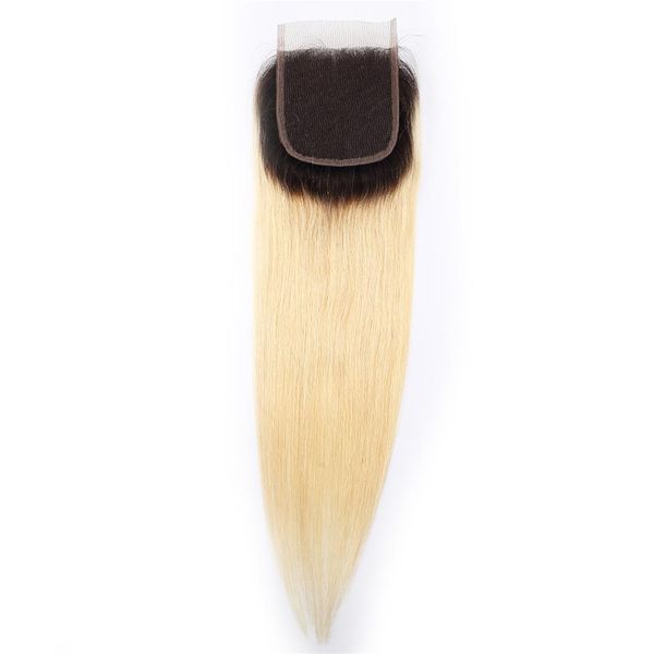 Remy Straight Top Closure dritto Chiusure per capelli umani Parte libera 4x4 Capelli vergini brasiliani Chiusura in pizzo svizzero Pezzo T1b # 613 Nodi candeggiati