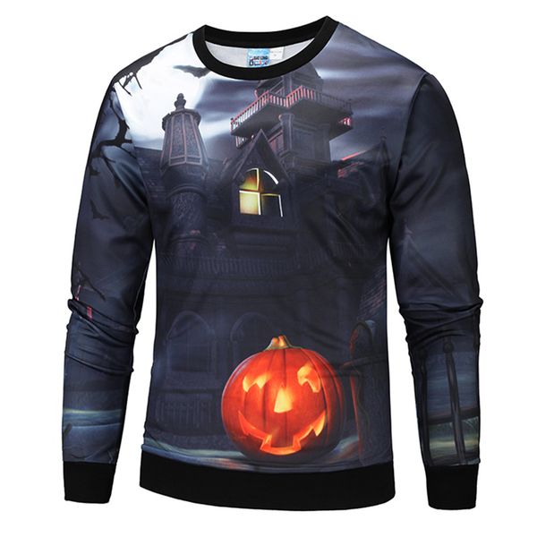 

men sweatshirts halloween pumpkin 3d prited sweatshirt long sleeve round neck pullover warm hoodie autumn winter 0814, Black