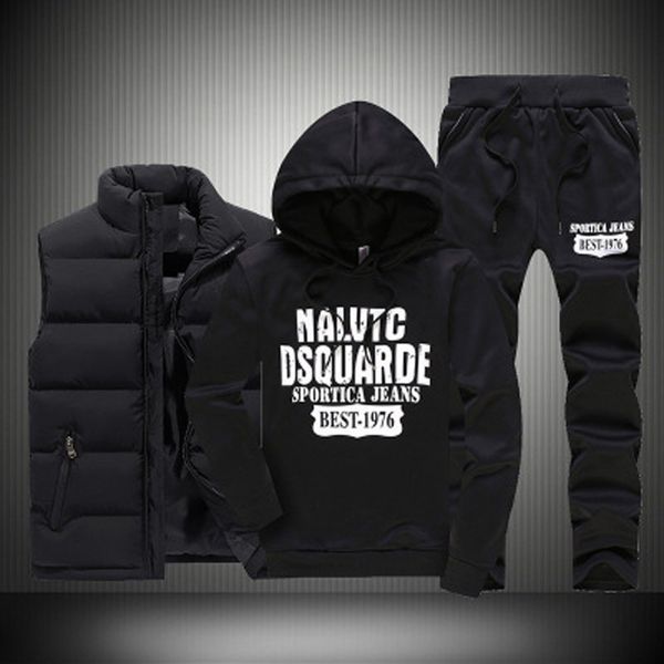 

autumn winter 3 pics sweatshirt set men hooded print thicken down coat vest casual sportwear suit clothing male -5xl, Gray