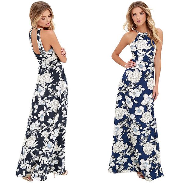 

g2983bl-s new women maxi dress halter neck floral print sleeveless summer beach holiday long slip dress blue/black, White;black