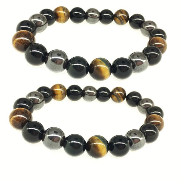 

Women Men Bracelets Natural Stone Bracelets 10MM Tiger Eye & Hematite & Black Obsidian Stone Tricolor Bracelet Wholesale D814Q