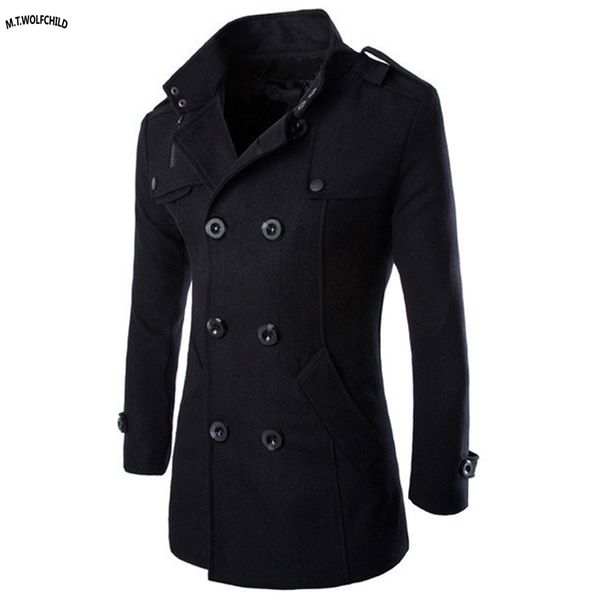 

male double breasted 2018 autumn winter long mens long sleeve outerwear casual mens thick woolen coats fashion men's clothing, Black