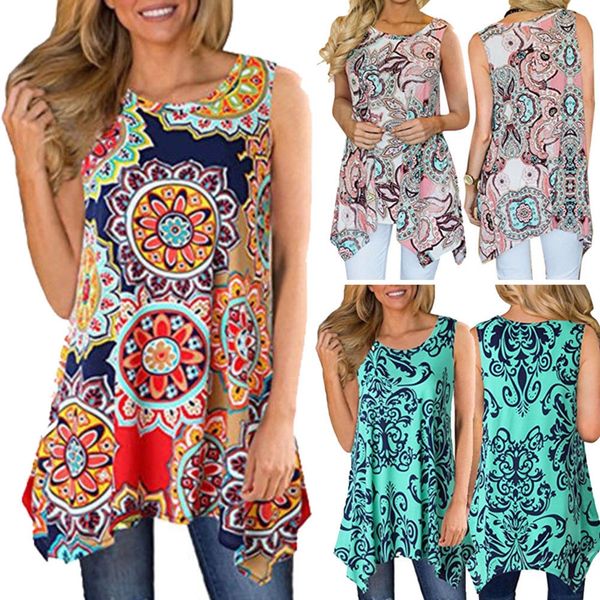 

women casual printed sleeveless shirt asymmetrical long print loose tunic blouse vest, White