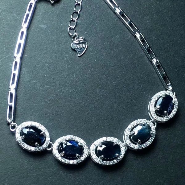 

fashion classical round natural black sapphire bracelet natural gemstone bracelet s925 silver woman girl party gift fine jewelry, Golden;silver