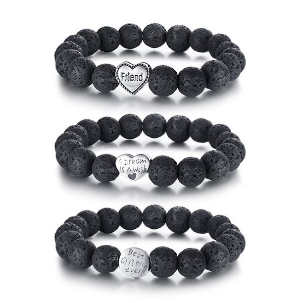 

black lava stones beaded bracelets for women men stainless steel mom flower / friend heart charm bracelet female gift