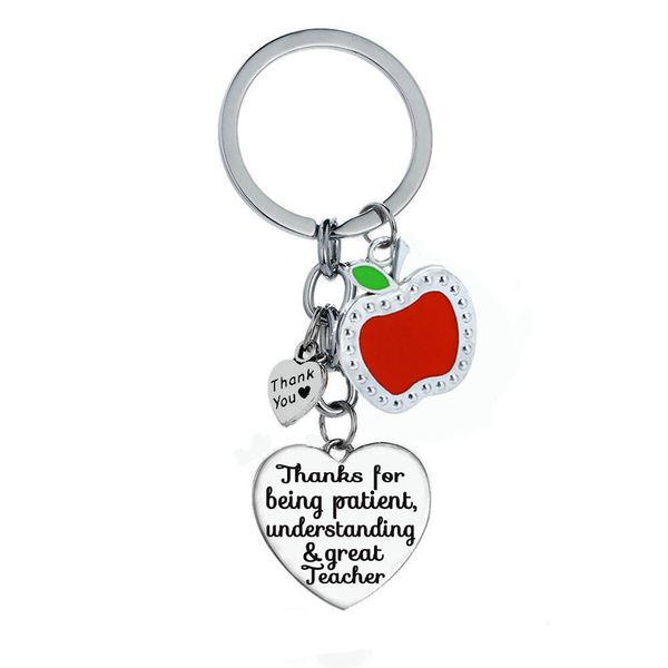 

thank you for being a patient understanding & great teachers key chain love heart keychain chic red apple keyring teachers gift, Silver