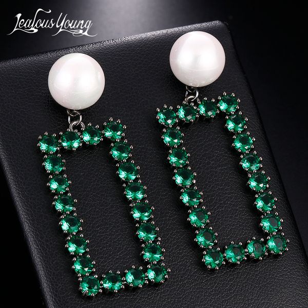 

square green zircon pearl wedding drop earrings for women with silver color statement earings jewelry brincos kupe