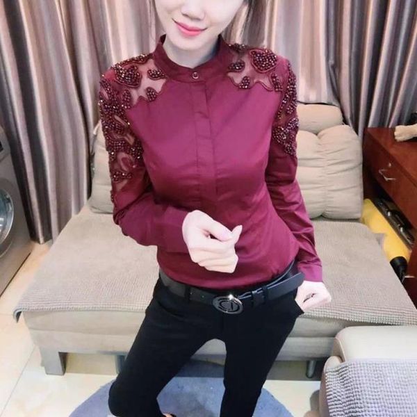 

office lady blouse 2018 spring korean style beading basic stand collor long sleeve shirt black red women clothing blusas, White