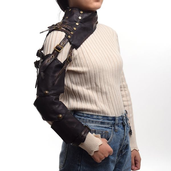 

steampunk armor single shoulder long leather buckle gothic arm warmer, Blue;gray