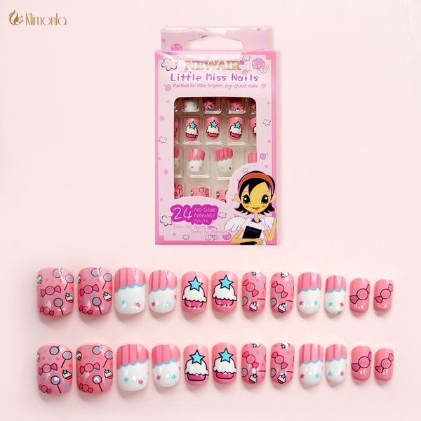 

24pcs/set pink sugar design fake nails diy full-cover faux ongles pre-glue acrylic false nail art tips manicure for kids, Red;gold