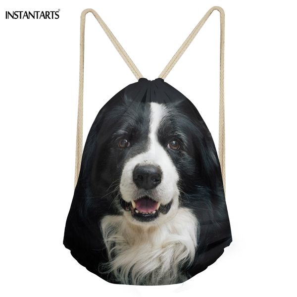 

instantarts casual women men drawstring bags cute 3d dog border collie print girls soft storage backpacks school student bookbag