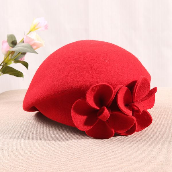 

2018 wool felt flower beret hat stewardess cap women australian wool fedora cap chapeu feminino wine red black winter ladies hat, Blue;gray