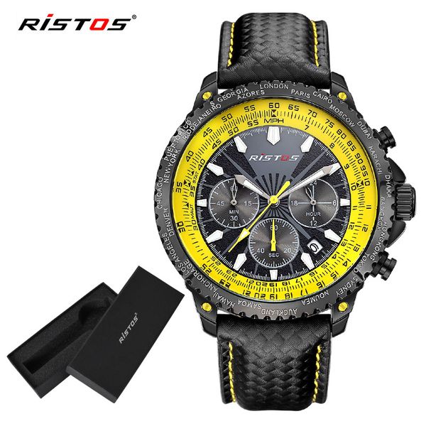 

ristos function sports chronograph man army watch male fashion analog quartz watches reloj hombre genuine leather clock 93006, Slivery;brown