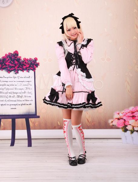 

cotton long sleeves ruffles cosplay lolita dress, Black;red