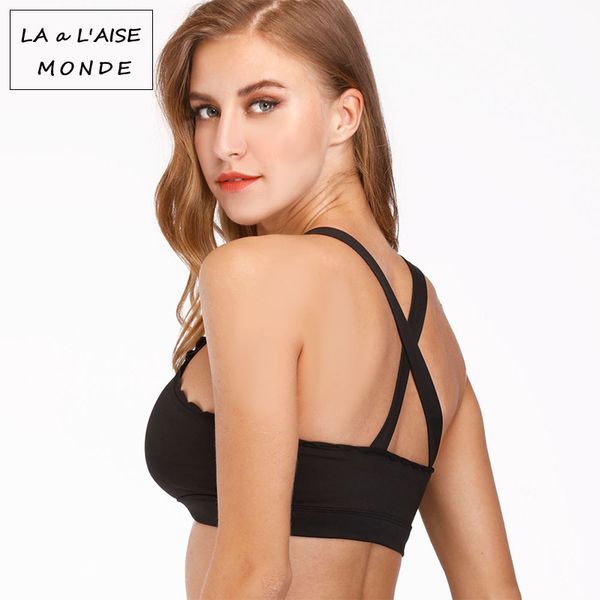 

women sport tank underwear cross running padded sports bra high impact strappy racerback activewear for ladies exercise, White;black