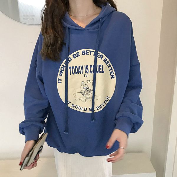 

2018 autumn korean loose fitting pattern long sleeved hooded printed sweater dress, Black