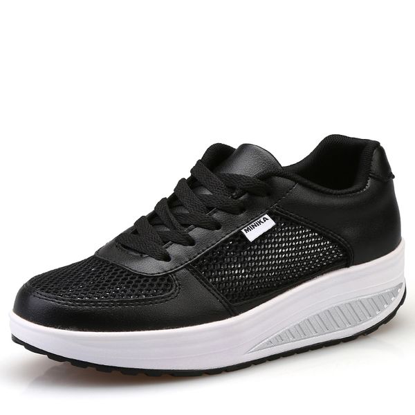 

new women casual breathable mesh shoes women fitness lady swing shoes lace up platform slimming height increasing shoes, Black;white