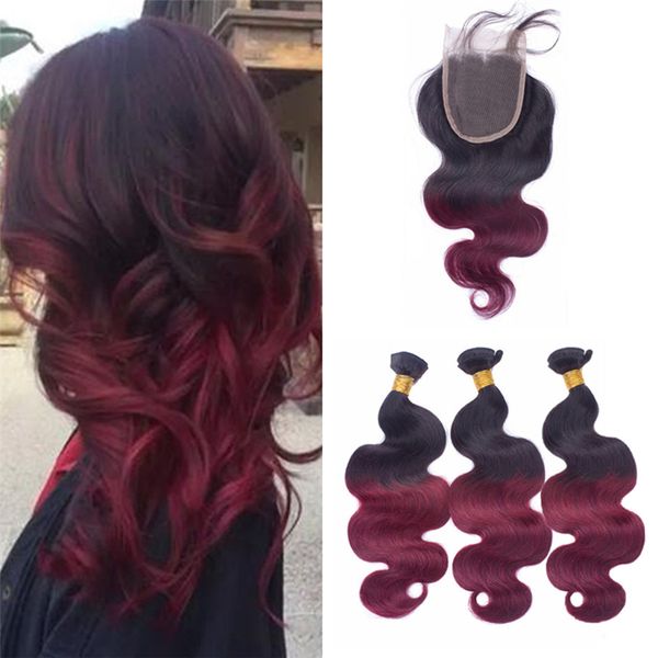 2019 Black And Burgundy Ombre Wavy Hair Bundles With Lace Closure