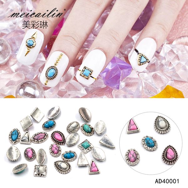 

meicailin 10pcs /lot 3d glitter nail art sticker retro oval round alloy nail decoration, Silver;gold