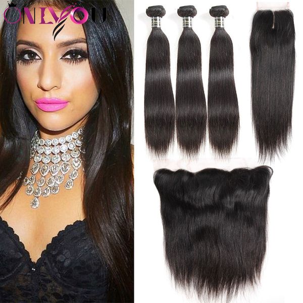 

10a nature color brazilian straight virgin human hair bundles with closure unprocessed hair extensions straight 3 bundles with lace frontal, Black;brown