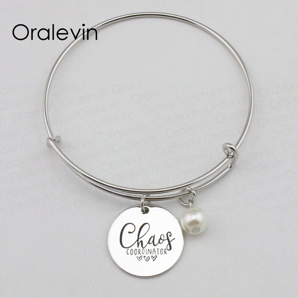 

chaos coordinator inspirational hand stamped engraved pendant expandable wire bracelet metal stamped jewelry,10pcs/lot, #ln2329b, Black