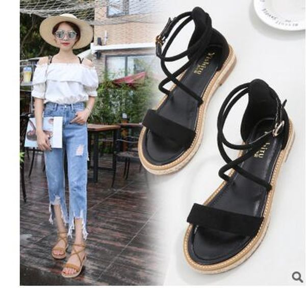 

the new style sandal 2018 fashionable summer cross strap hollow-out hemp rope flat comfortable sandal 35-39, Black