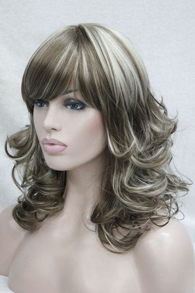 

synthetic grey women lady medium curly hair natural full wig cospaly, Black;brown
