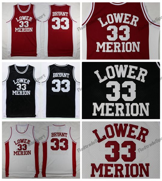 Herren Vintage 33 Bryant Lower Merion High School Basketballtrikots Rot Schwarz Weiß Genähte Hemden S-XXL