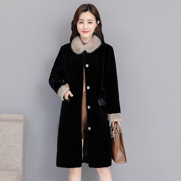 

brand new women faux fur coat black winter warm fur collar mid long jacket straight outwear overcoat ladies business work coats