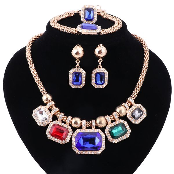 

wedding african beads jewelry sets gold-color rectangle pendant necklace earring bracelet ring nigerian jewelry for women, Black