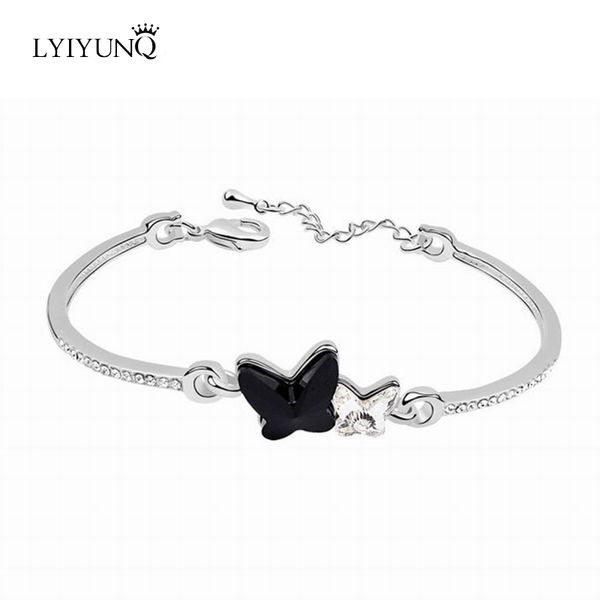 

lyiyunq trendy butterfly black crystal cuff bracelets for women fashion insect girls silver color bracelet fine jewelry, White