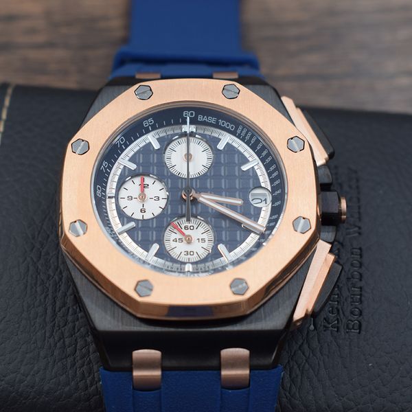 

sports watch 42mm men satch small dial work quartz vk watches rose gold bezel blue rubber belt male wrist watch, Slivery;brown