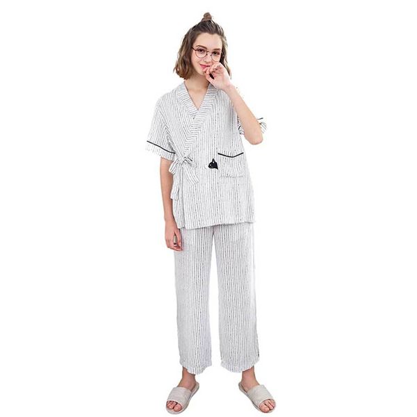 

new fall 2018 women's pajama set sleepwear set trendy striped v neck short sleeve pocketed casual home suit pajama sets women, Blue;gray