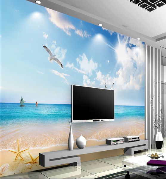 

custom retail blue sky cloud beach seascape 3d tv background wall blue wave miles sailing birds beach mural