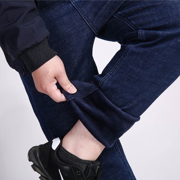 

plus size 46 48 50 52 2018 new men's winter warm jeans fashion casual thicken stretch jeans mens elasticity denim trousers, Blue