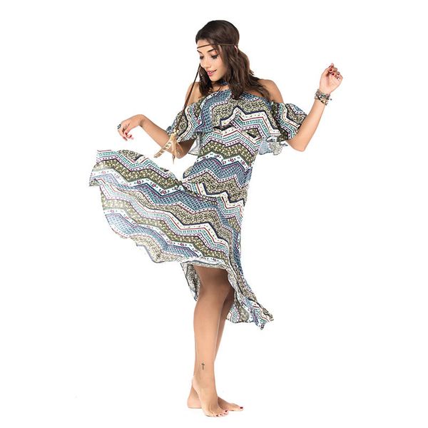 

new europe and america printed flounce strapless halter dress female south american style folk style women dress summer empire, Black;gray