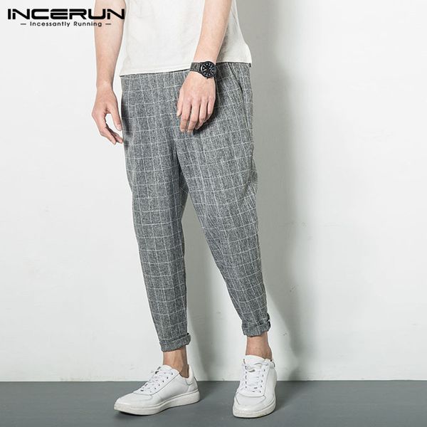 

plus size s-3xl summer incerun fashion men pants ankle length joggers plaid pants harajuku hiphop harem baggy trousers pantalon, Black